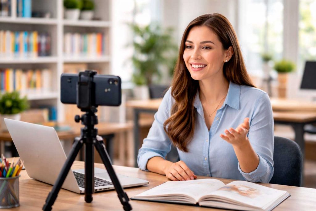 Criar uma imagem sem texto e com tamanho de 16:9, usando o seguinte tema: atendente/secretaria escolar sorrindo em atendimento (headset opcional), computador e smartphone na mesa, interface na tela com elementos genéricos (sem texto), sensação de acolhimento e suporte ao futuro aluno e responsáveis.